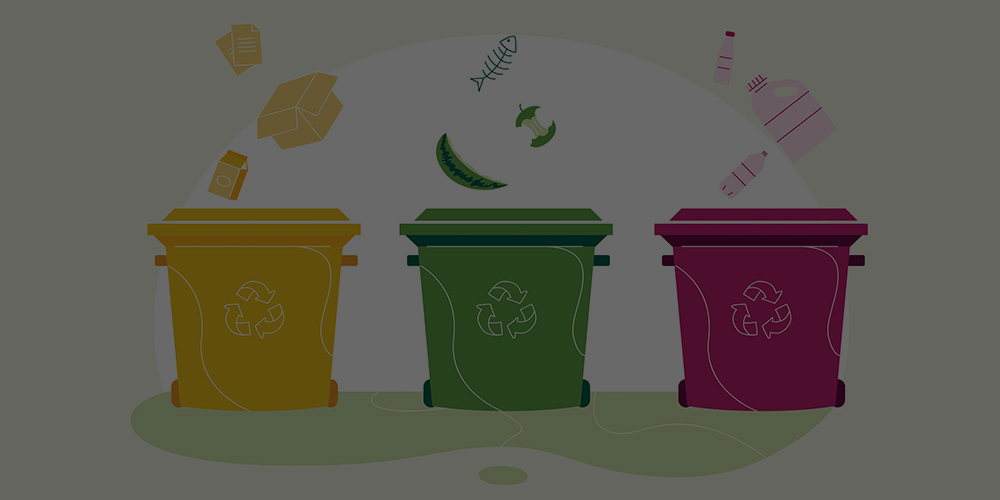 Three coloured recycling bins with sorting icons